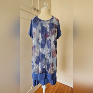 Natura Blue Mixed-Print Lace Overlay Women's Top Tunic Dress - Size Medium